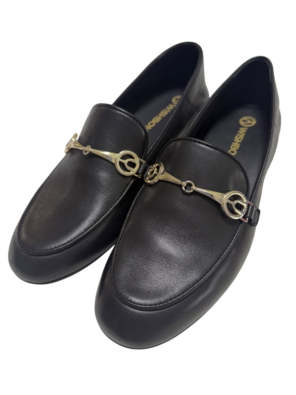 WISHBONE Leather Bit Loafers Black and Gold Size 8 EUC